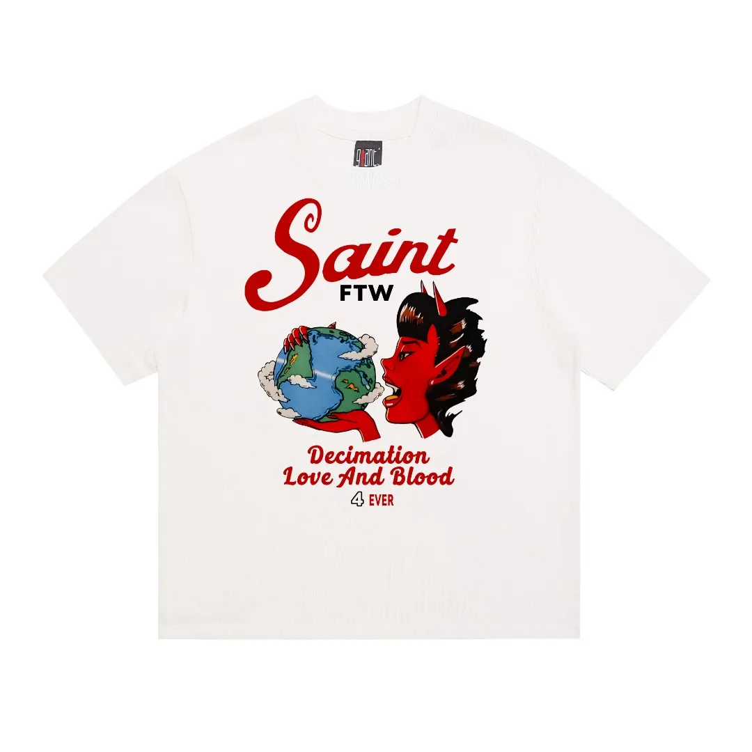 Saint michael devil print old retro Vintage loose short-sleeved T-shirt with digital white ink direct printing, the fabric is breathable and the pattern is three-dimensional and clear. Fabric: Double yarn 240g Style number: S928 Size: S-M-L-XL Color: White Price: P110